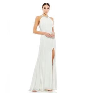 MAC DUGGAL Dress prom Evening Gown Beaded Halter White‎ NEW Draped Rhinestone
